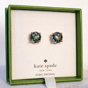 Kate Spade Cubic Zirconia Round Stud Earrings In Black/Green, NIB
